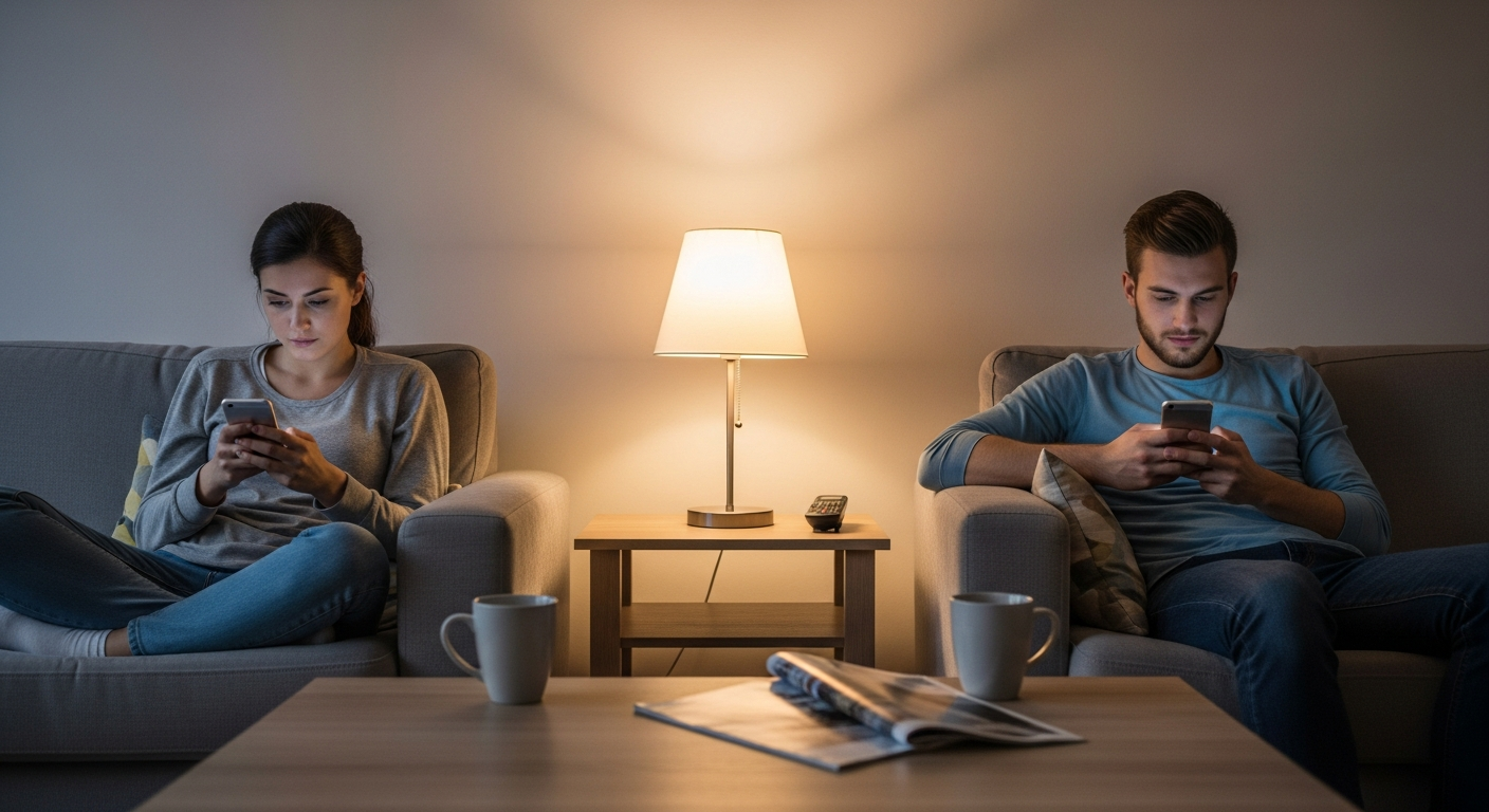 A young couple sits at opposite ends of a comfortable living room couch, each absorbed in their smartphones with heads tilted downward toward their glowing screens. The woman wears casual clothing and sits with her legs tucked under her, while the man leans back against the couch arm in relaxed atti