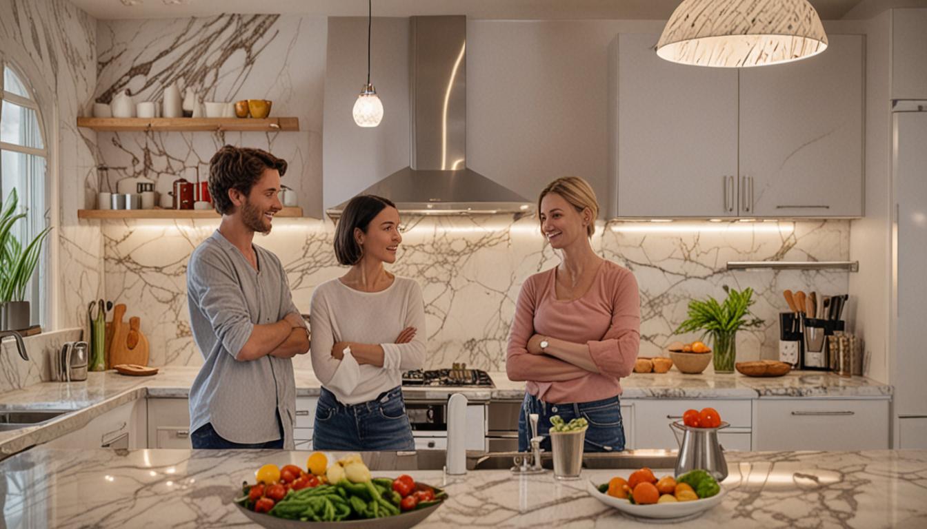 Two people standing in a modern kitchen with animated gestures and expressive faces, one person pointing while the other has arms crossed, surrounded by warm lighting from pendant lamps above a marble countertop, with stainless steel appliances and fresh vegetables scattered on the counter, capturin