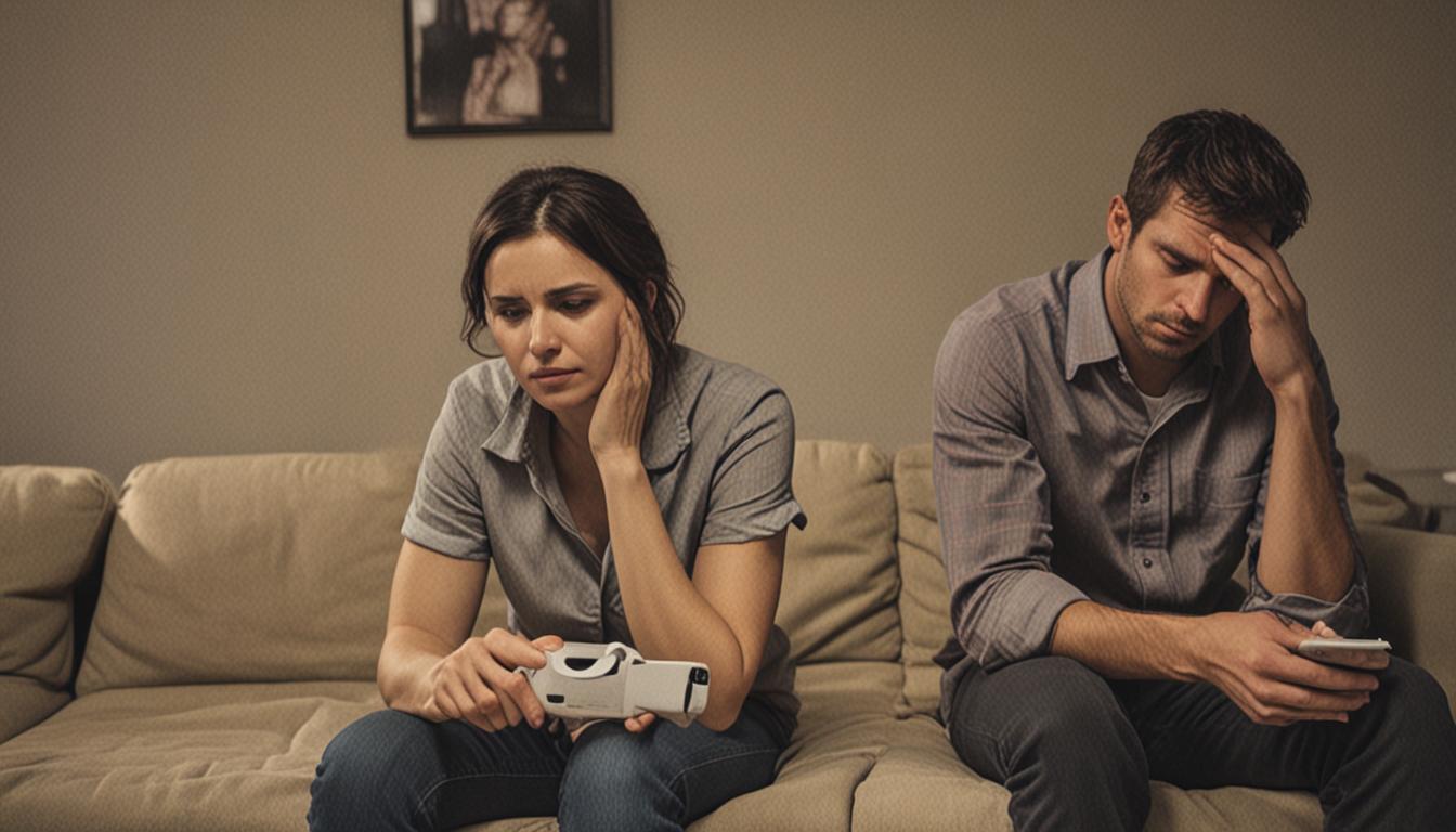 A couple sitting on opposite ends of a couch in a dimly lit living room, both looking away from each other with distant, melancholy expressions. The woman appears to be doing household tasks while looking exhausted and unnoticed, while the man sits absorbed in his phone, completely oblivious to her 