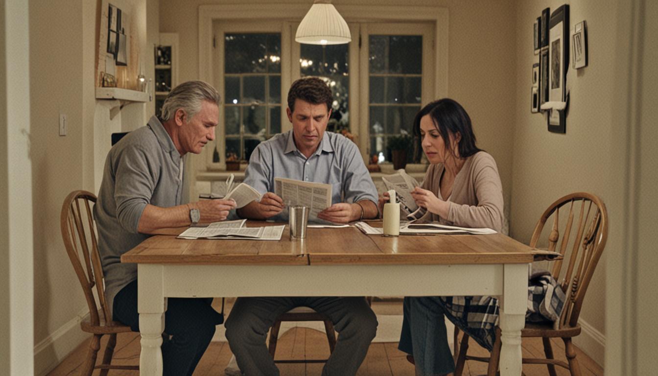 A middle-aged couple sits at opposite ends of a long dining table in a dimly lit home, each absorbed in their own activities - one reading a newspaper, the other looking at a phone - with empty chairs between them creating visible distance. The scene captures emotional disconnection through physical