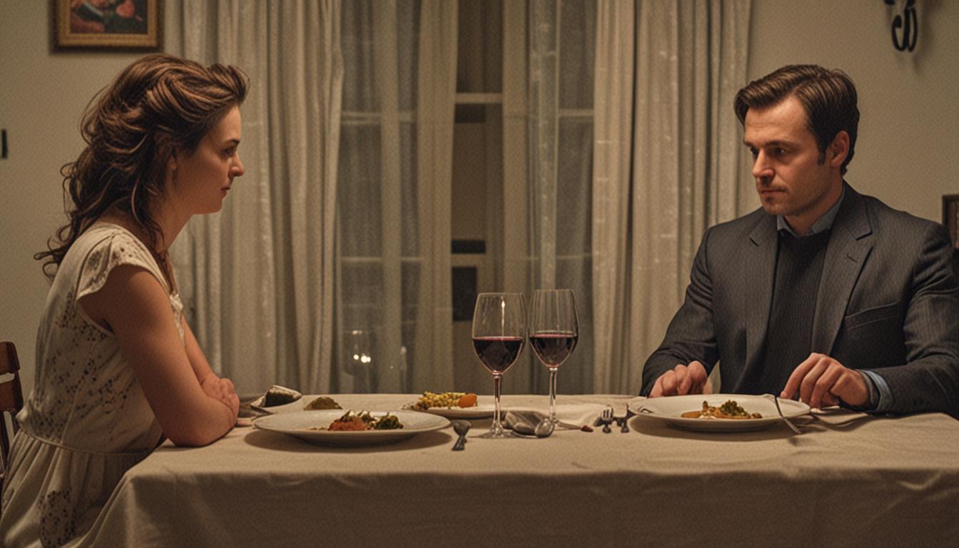 A couple sitting at opposite ends of a dinner table in dim lighting, both looking away from each other with distant, troubled expressions. The man stares out a window while the woman looks down at her untouched plate, creating a palpable sense of emotional distance and silence between them. The dini