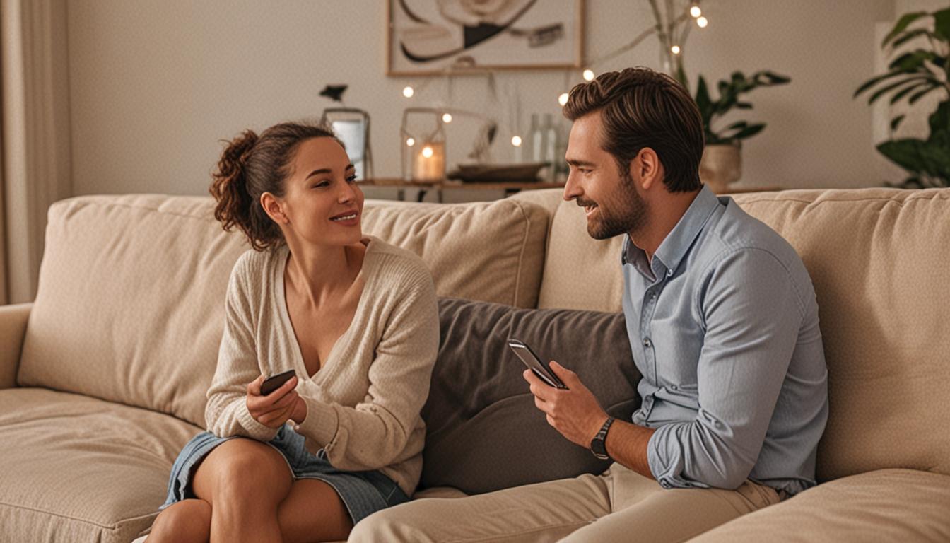 A couple sitting face-to-face on a comfortable couch in a warm, softly-lit living room, engaged in intimate conversation with their phones set aside on a nearby table. The woman is leaning forward attentively while the man speaks, both displaying open body language and gentle facial expressions that