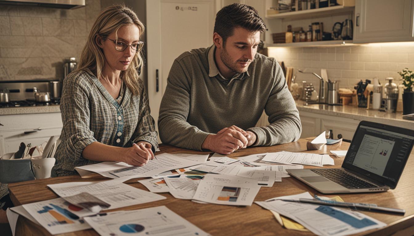 A couple sitting at a kitchen table with financial documents, calculator, and laptop spread between them, both leaning in collaboratively while reviewing papers together. The scene shows them pointing at documents and having an engaged discussion, with warm natural lighting streaming through a nearb