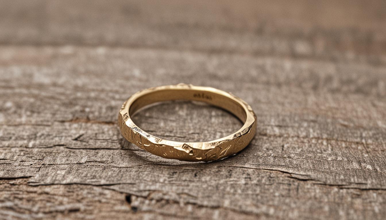 A delicate gold wedding band with a visible crack running through its surface, resting on a weathered wooden table with natural grain patterns. Soft, diffused lighting creates gentle shadows around the ring, emphasizing the symbolic break in the metal. The wooden surface shows subtle texture and war
