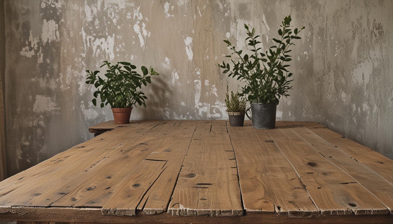 A somber scene showing two people sitting at opposite ends of a worn wooden table, their bodies turned away from each other with distant, disconnected expressions. The room appears dimly lit with muted colors, symbolizing emotional detachment. In the background, a wilted plant sits on a windowsill n
