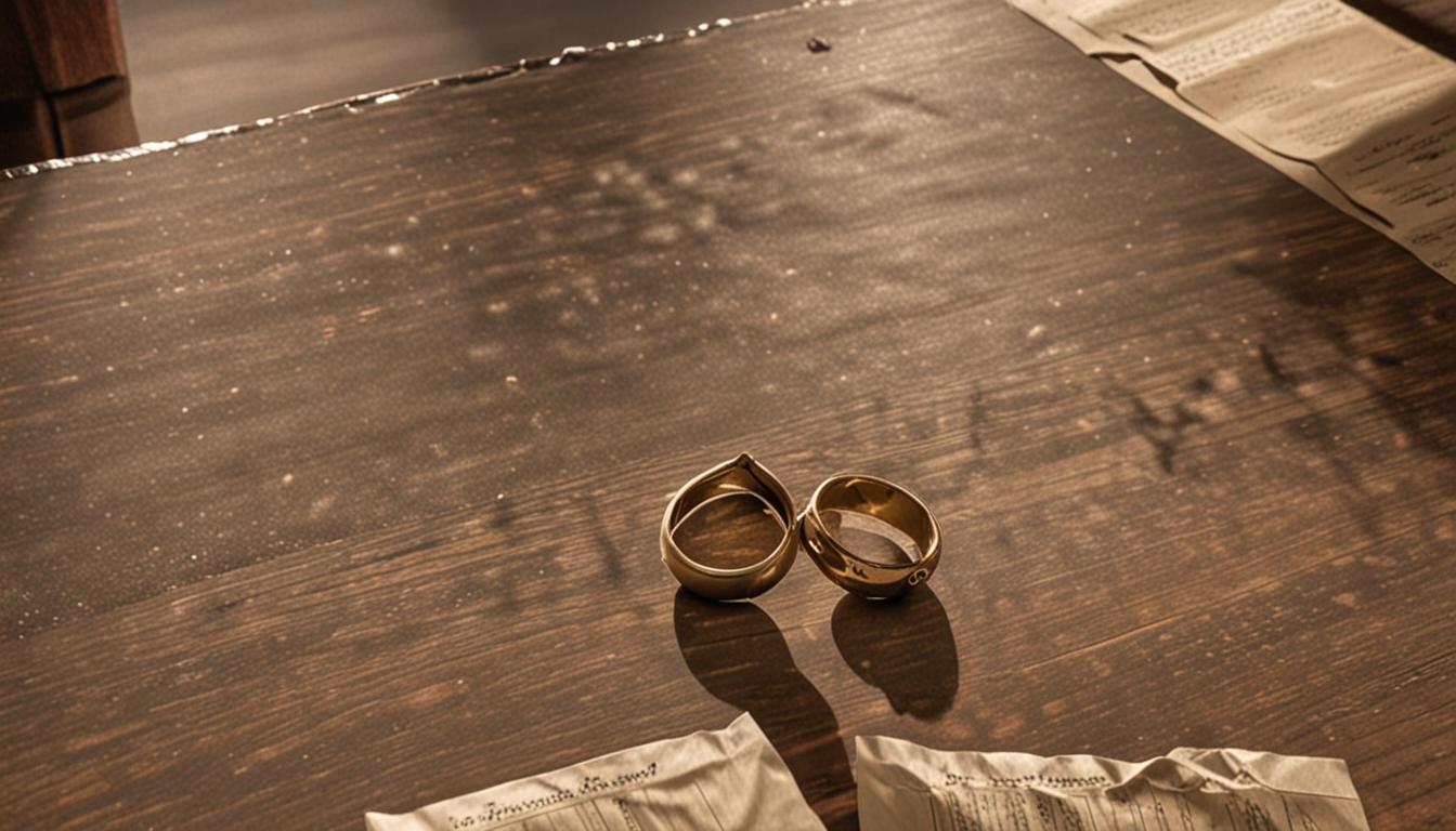 A somber courtroom scene with empty wooden benches and a judge's bench, dramatic lighting casting long shadows across the formal legal setting. In the foreground, two wedding rings sit separated on a mahogany table, symbolizing the dissolution of marriage, while legal documents are scattered nearby.