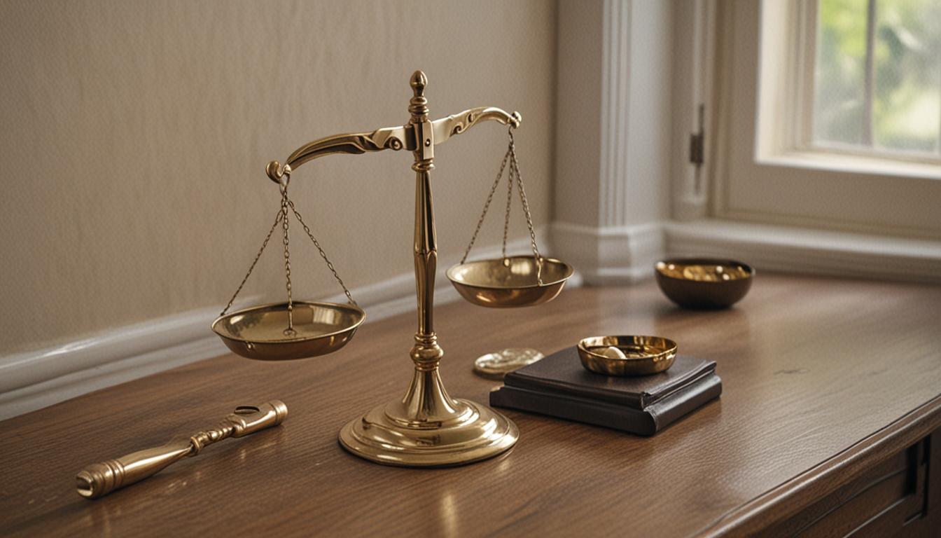 A classic brass balance scale sits on a polished wooden desk, with an elegant gold wedding band resting on the left weighing pan and a traditional wooden judge's gavel positioned on the right pan. Soft natural lighting illuminates the scene from a nearby window, casting gentle shadows and highlighti