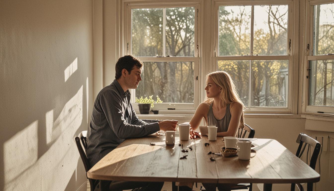 A couple sitting at opposite ends of a kitchen table, their body language distant and disconnected, with empty coffee cups between them and morning light streaming through a window casting long shadows across the room. The woman looks out the window pensively while the man stares down at his hands, 