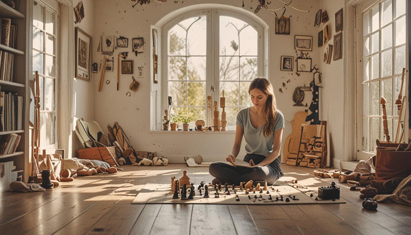 A serene person sitting cross-legged in a sunlit room, eyes closed in peaceful concentration, surrounded by everyday objects that represent mental stimulation - an open book, scattered puzzle pieces, a chess board, and musical instruments. Soft morning light streams through a window, illuminating th