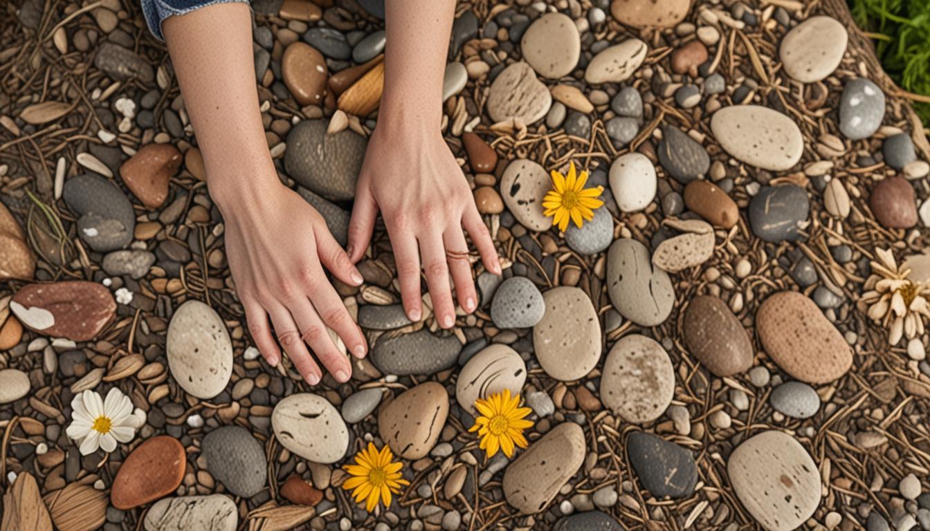 A person sitting peacefully in a serene garden setting, eyes closed in mindful concentration, with their hands gently touching different textured objects like smooth river stones, rough tree bark, and soft flower petals arranged around them. Warm sunlight filters through leaves creating dappled shad