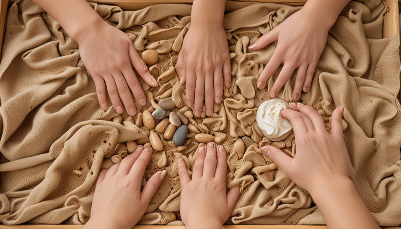Close-up photograph of gentle hands moving through a wooden sensory exploration box filled with various natural textures. Fingers delicately touching fine golden sand, smooth river stones of different sizes, and pieces of soft cream-colored fabric. The lighting is warm and natural, creating subtle s