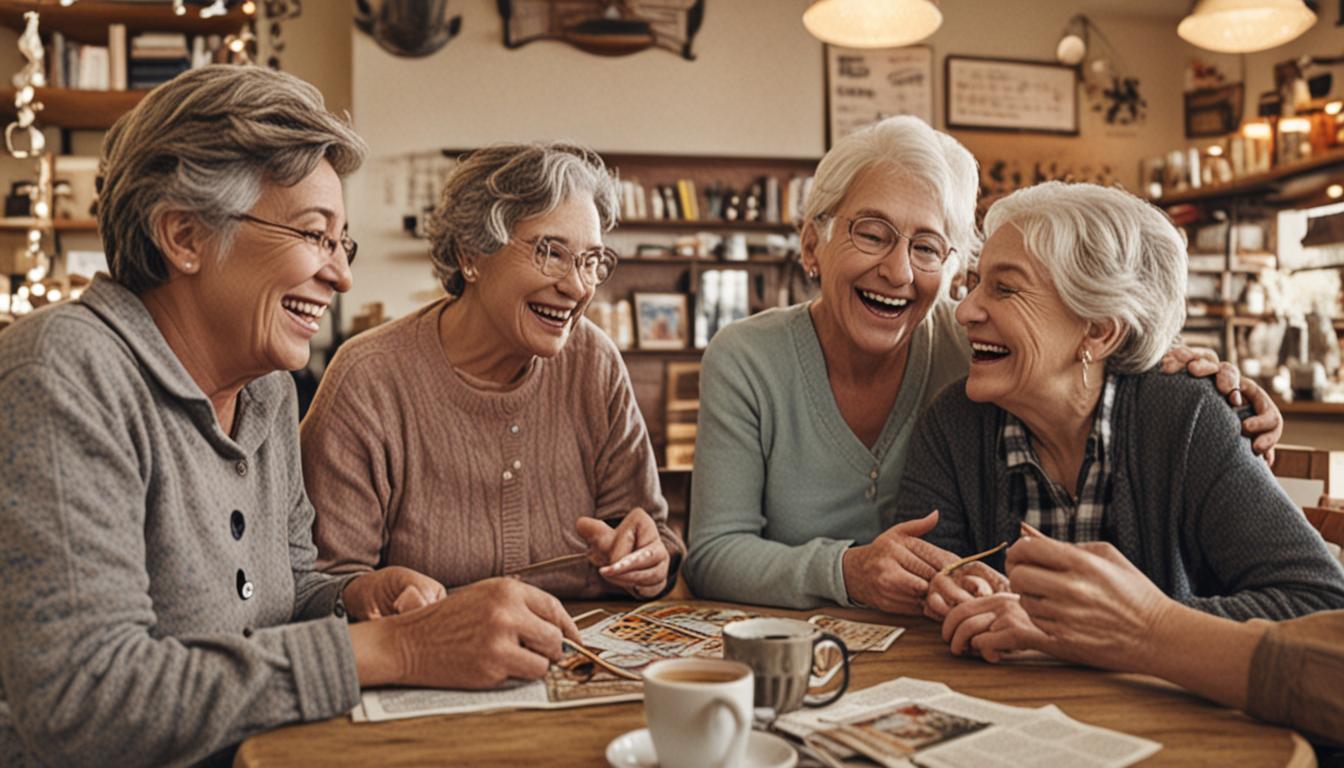 A diverse group of older adults engaged in animated conversation around a cozy coffee shop table, their faces showing genuine laughter and connection as they lean in toward each other. The warm, natural lighting illuminates their expressive gestures and bright eyes, while books, board games, and cof