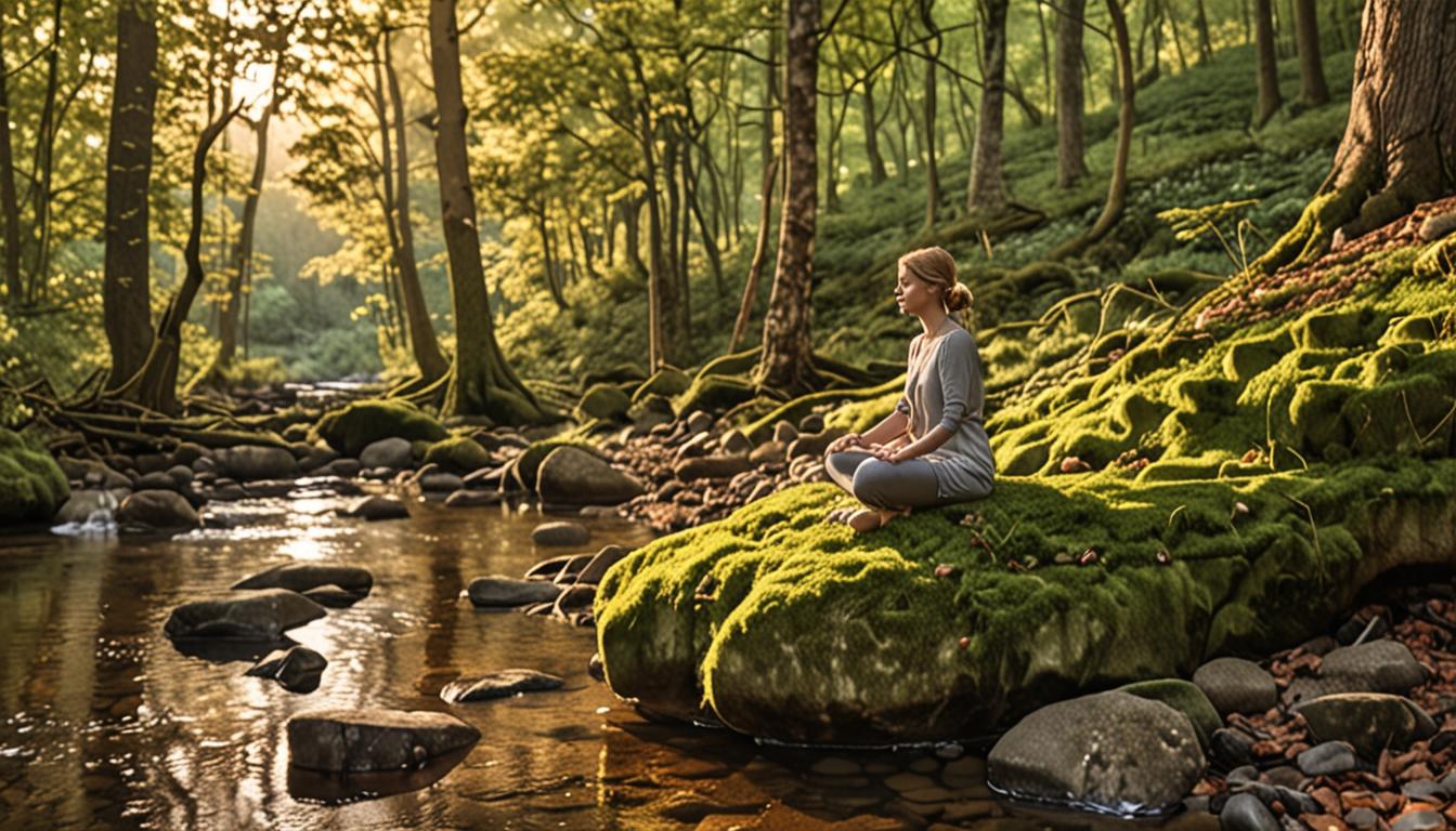 A person sitting cross-legged in a peaceful meditation pose on a moss-covered rock beside a gently flowing stream in a lush forest clearing. Soft golden sunlight filters through the canopy of tall trees, creating dappled light patterns on the forest floor covered with ferns and wildflowers. The medi
