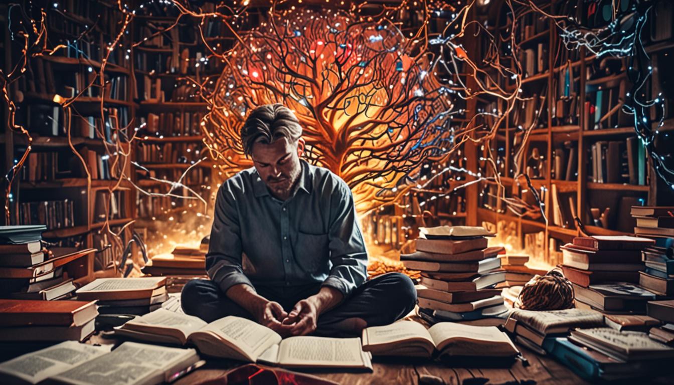 A person sitting in a peaceful study environment, surrounded by open books and notebooks, deeply focused on reading with a contemplative expression. Their brain is visualized with glowing neural pathways and synapses lighting up in vibrant colors, representing active mental processing and memory for