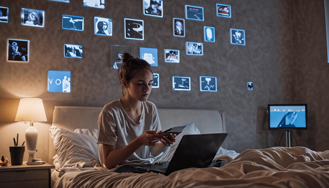 A teenager sits in a dimly lit bedroom surrounded by multiple glowing screens - a smartphone in their hands, a laptop open on the bed, and a tablet nearby, all casting blue light on their face. The adolescent appears absorbed and isolated, with the warm room lighting contrasting against the cold dig