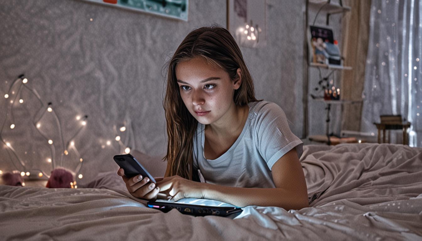 A teenage girl sits on her bed in dim evening light, completely absorbed while staring at a glowing smartphone screen, her face illuminated by the blue light with an expression of intense focus and engagement. Around her, multiple electronic devices are scattered - a laptop, tablet, and gaming contr