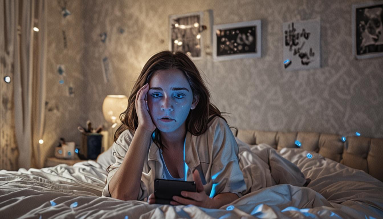 A tired teenage girl sits on her bed in a dimly lit bedroom at night, surrounded by the blue glow from multiple electronic devices - a smartphone in her hands, a laptop open beside her, and a tablet nearby. Her face shows signs of exhaustion with dark circles under her eyes, while she scrolls throug