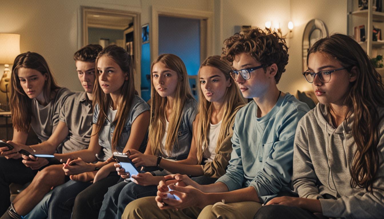 A diverse group of teenagers sitting in a modern living room, each absorbed in their own glowing electronic devices - smartphones, tablets, and laptops. The scene shows soft blue light emanating from multiple screens illuminating their focused faces in a dimly lit evening setting. Some teens are lou