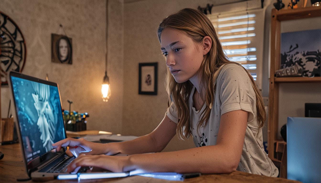 A teenage girl sits at a desk in her bedroom, intensely focused on multiple glowing screens - a laptop, smartphone, and tablet - while her concerned parents stand in the doorway behind her, their body language showing worry and hesitation about approaching. The room is dimly lit by the blue glow of