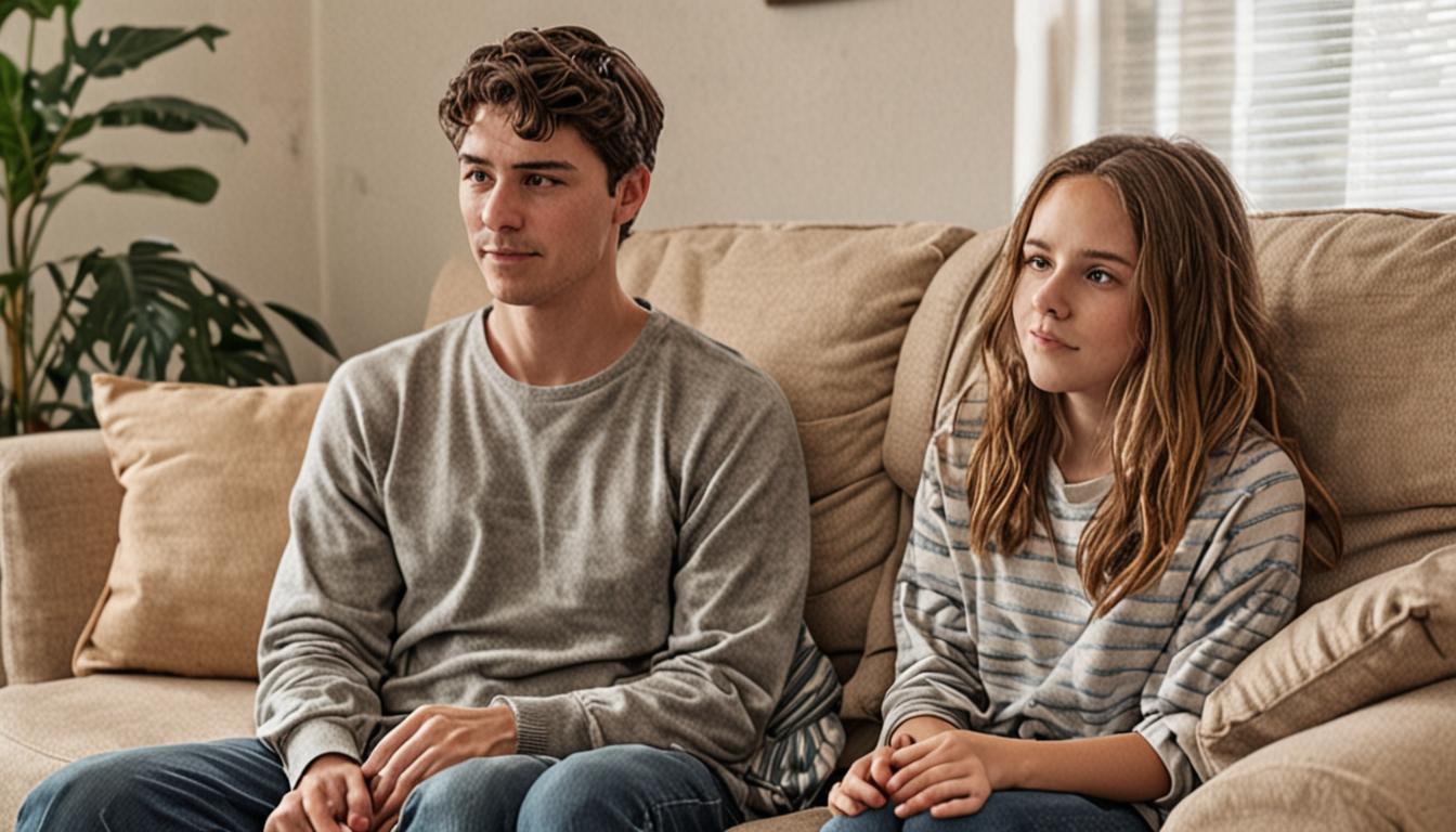 A warm, intimate scene showing a parent and teenager sitting together on a comfortable couch in a cozy living room, engaged in calm, respectful conversation. The parent leans forward slightly with open body language and attentive expression, while the teen sits relaxed but engaged, making eye contac
