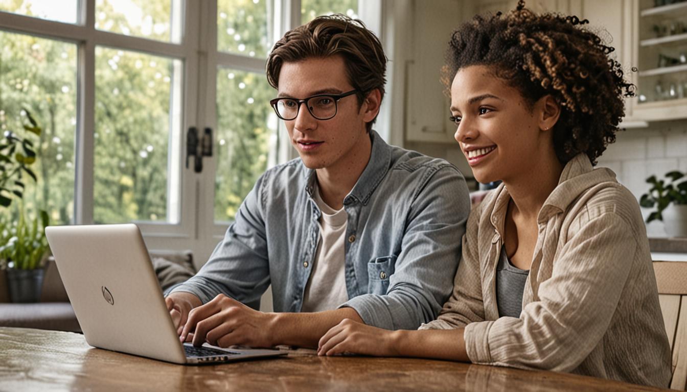 A teenager and parent sitting together at a kitchen table or living room couch, engaged in calm, collaborative conversation while looking at a laptop or tablet screen between them. The scene shows a warm, supportive family environment with natural lighting streaming through windows. Both figures dis