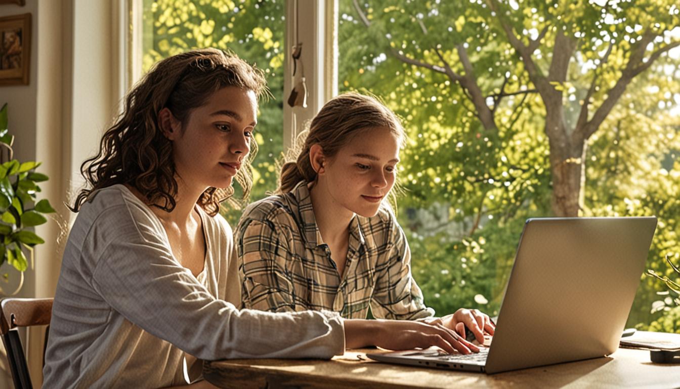 A concerned parent gently placing their hand on a teenager's shoulder as the teen sits at a desk with a closed laptop, both looking toward a bright window showing a peaceful outdoor scene with trees and sunlight. The teenager appears contemplative and calm, suggesting a moment of reflection and conn