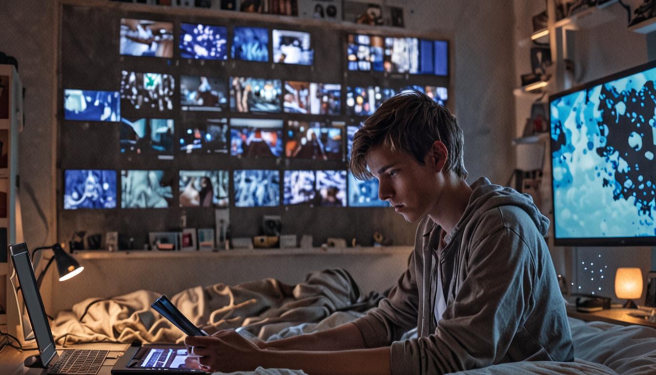 A thoughtful teenager sits in a dimly lit bedroom, surrounded by multiple glowing screens - a smartphone in their hands, laptop open on the desk, and tablet nearby, casting blue light on their contemplative face. The scene captures the modern digital environment with various electronic devices creat