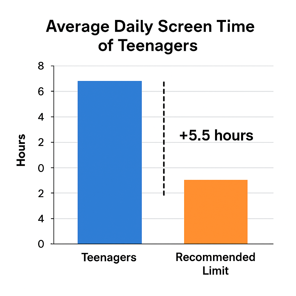 A bar chart comparing the average daily screen time of teenagers (e.g., 7-8 hours) with recommended limits (e.g., 2 hours for leisure) and the corresponding prevalence of reported anxiety symptoms.