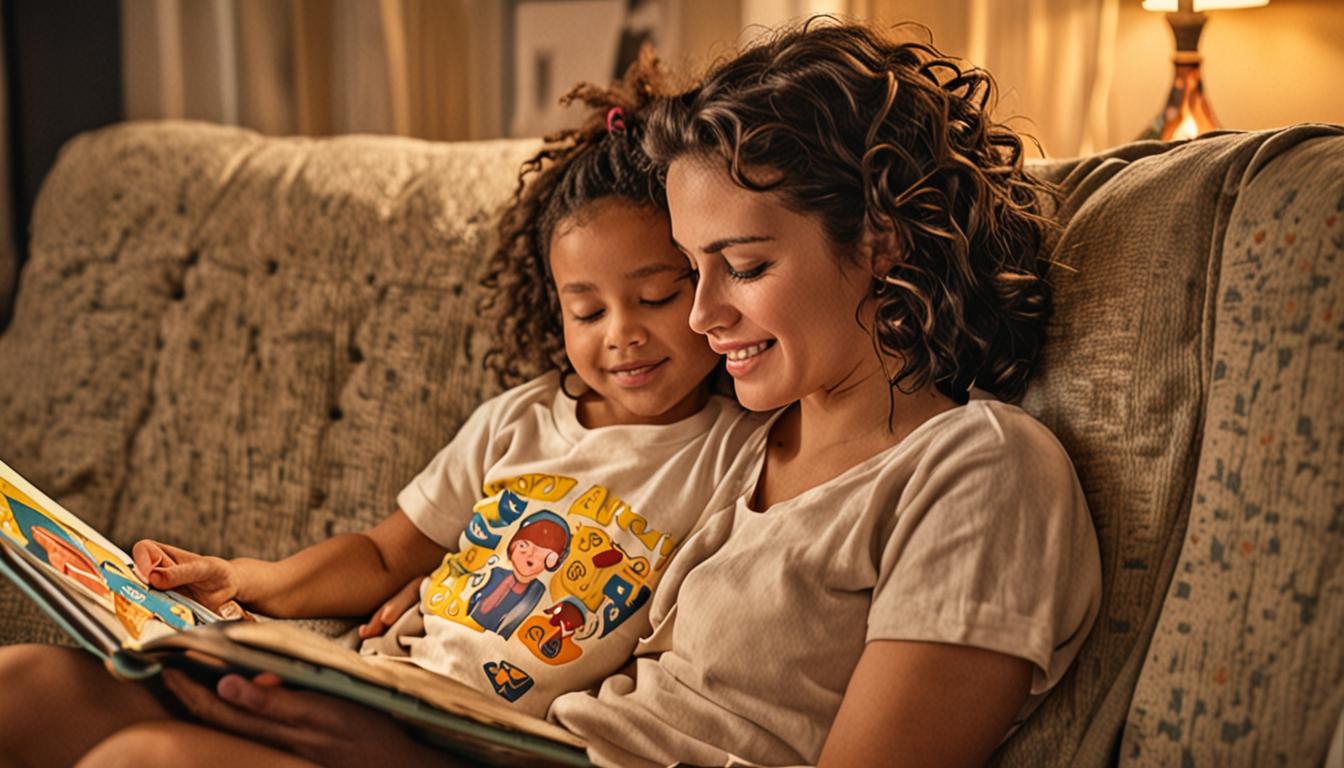 A warm, intimate scene of a parent and young child cuddled together on a comfortable couch or chair, sharing a colorful children's book. The child is nestled against the parent's side, both looking down at an open picture book with vibrant illustrations. Soft, golden lighting creates a cozy atmosphe