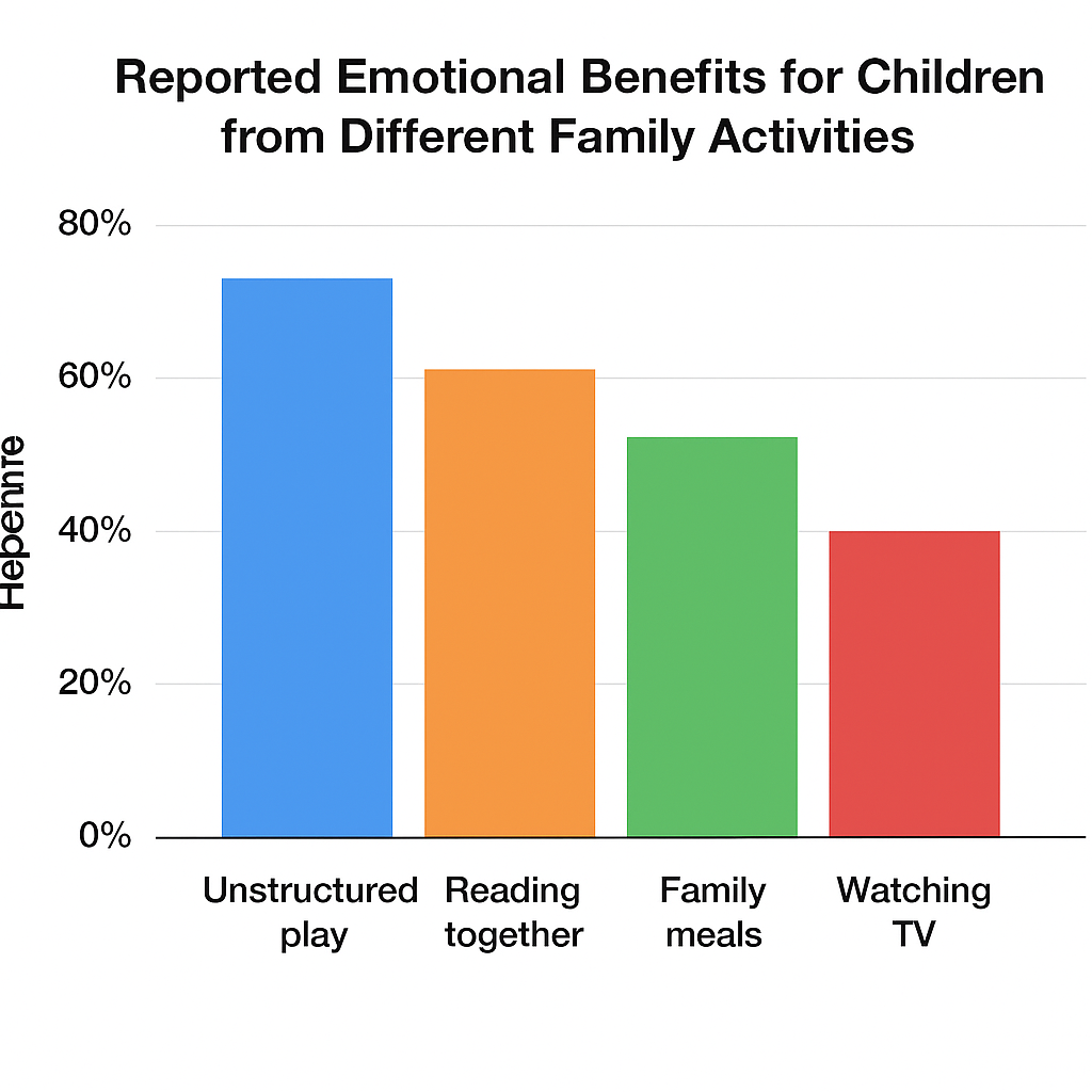 Bar chart comparing the reported emotional benefits for children from different family activities, with 'unstructured play' and 'reading together' showing the highest scores.