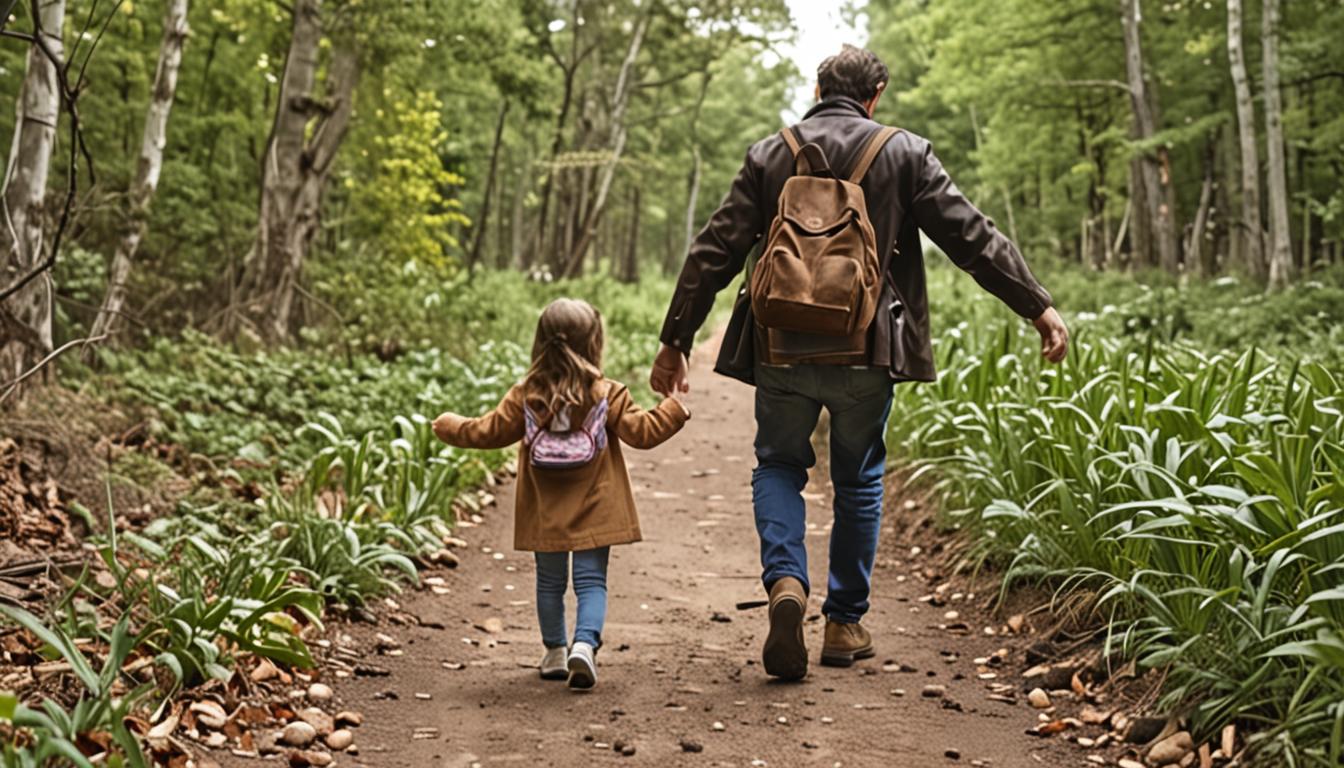 A parent and young child walking together outdoors, with the adult pointing toward something in the distance while the child looks up attentively at their parent's face. The scene captures a moment of discovery and connection, with the parent's gesture directing the child's attention to birds in nea