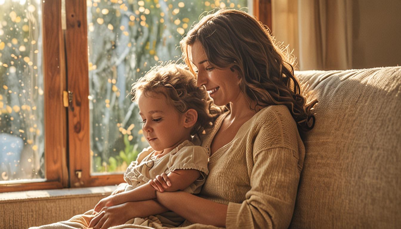 A tender moment between a parent and young child sitting close together on a comfortable couch, the parent's arms wrapped protectively around the child who is leaning into their embrace. Warm, golden sunlight streams through a nearby window, creating a cozy atmosphere that emphasizes the emotional b