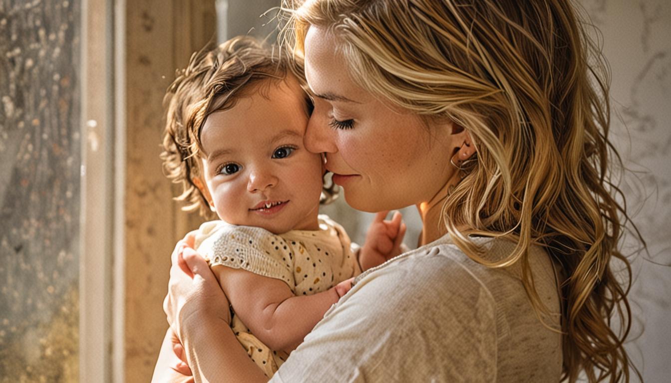 A warm, intimate scene of a parent gently cradling a young toddler in their arms, both sharing a tender moment of connection with soft, natural lighting filtering through a window. The child appears relaxed and content, looking up at the parent with trust and affection, while the parent gazes down l