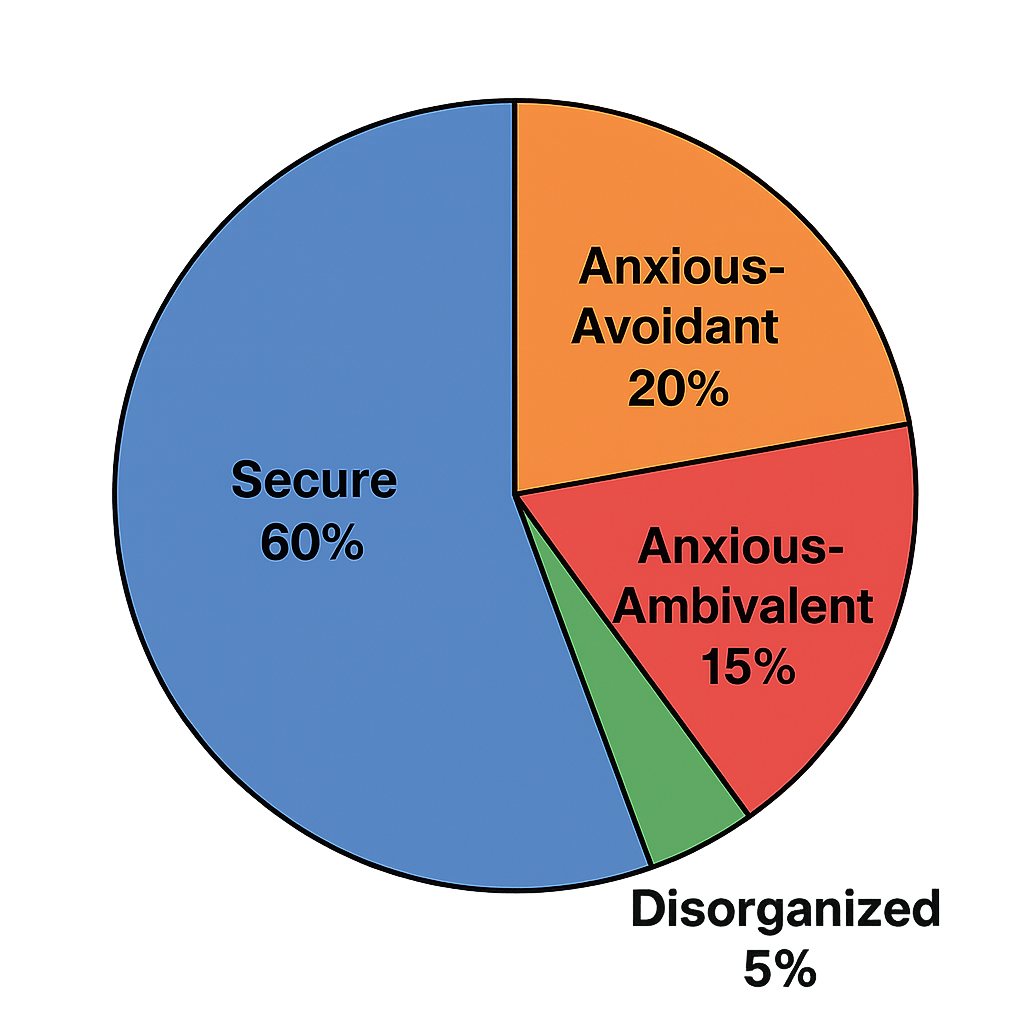 A pie chart showing the approximate percentage distribution of secure (60%), anxious-avoidant (20%), anxious-ambivalent (15%), and disorganized (5%) attachment styles in the general population.