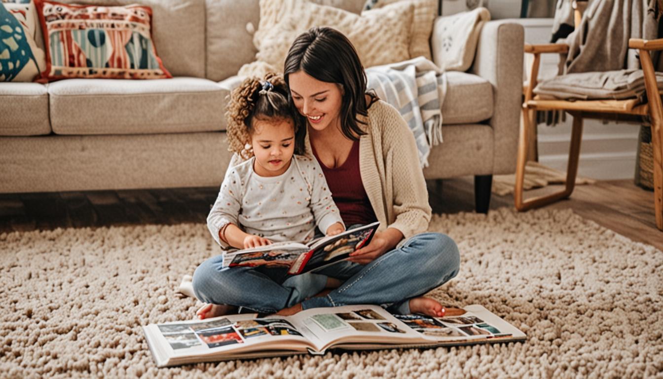 A warm, intimate scene of a parent and young child engaged in nurturing bonding activities in a cozy home setting. The parent is sitting cross-legged on a soft carpet, maintaining gentle eye contact while reading a colorful picture book to their toddler who is nestled comfortably in their lap. Soft
