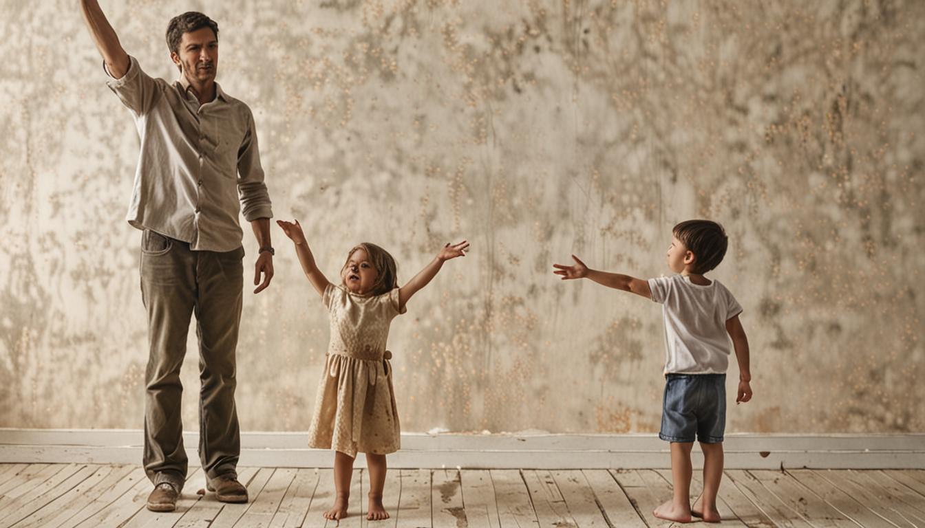 A young child reaching up with uncertain, hesitant gestures toward a parent figure who appears emotionally distant or turned away, their body language reflecting disconnection. The scene captures the tender yet strained dynamic of insecure attachment, with soft, muted lighting emphasizing the emotio