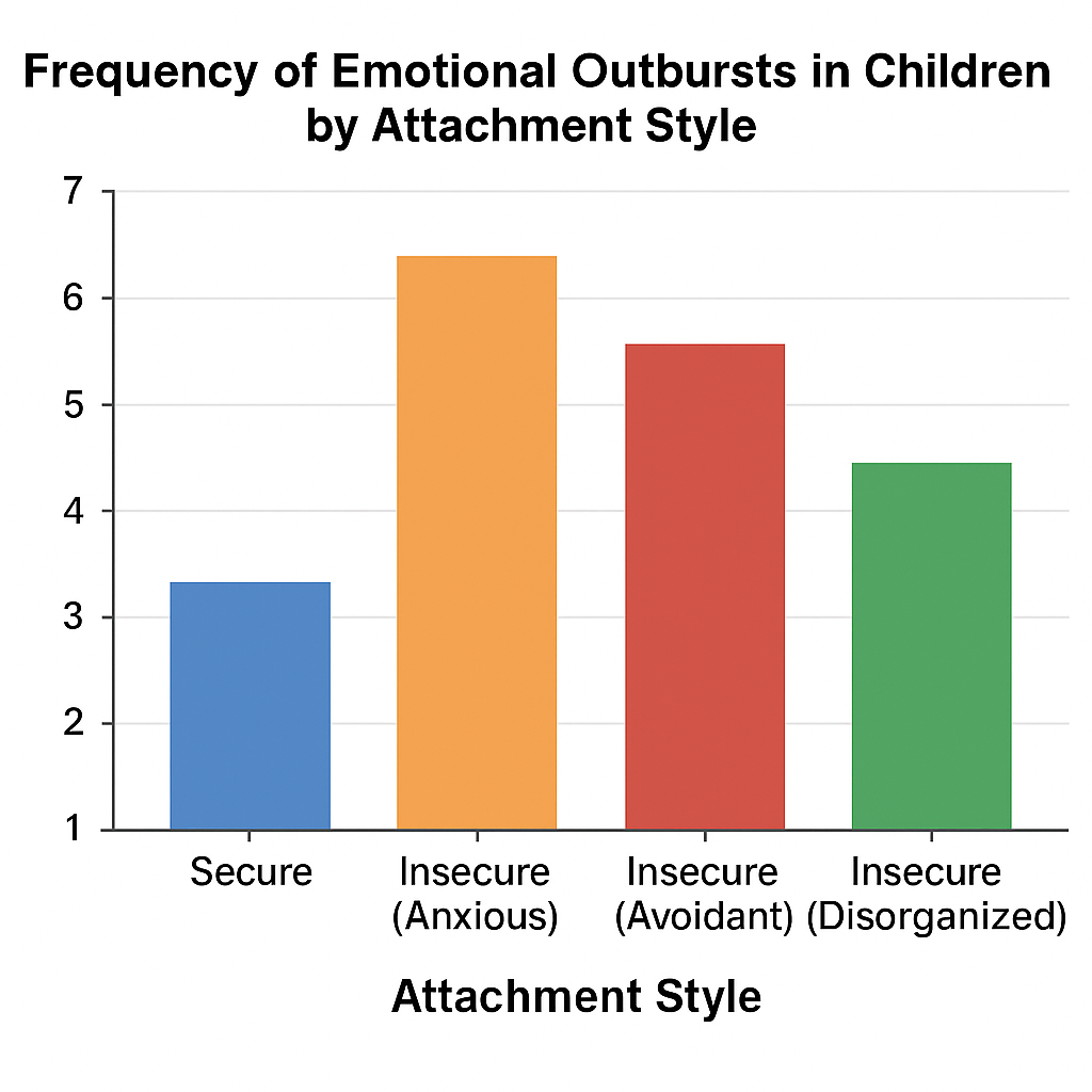 Bar chart comparing the frequency of emotional outbursts in children with secure vs. insecure (anxious, avoidant, disorganized) attachment styles.