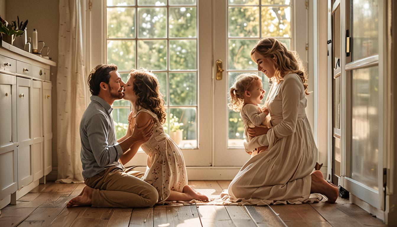 A warm, intimate scene showing a parent and young child engaged in a tender moment of connection, with the parent kneeling down to the child's eye level, both smiling genuinely as they share a gentle embrace or playful interaction. The setting is a cozy, sunlit home environment with soft natural lig