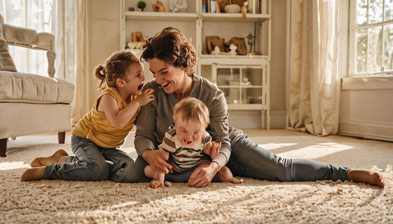 A warm, intimate scene of a parent and young child engaged in joyful play together on a soft carpet in a cozy living room, with golden afternoon sunlight streaming through windows. The parent is laughing while gently tickling or playing peek-a-boo with their toddler, who is giggling with pure deligh