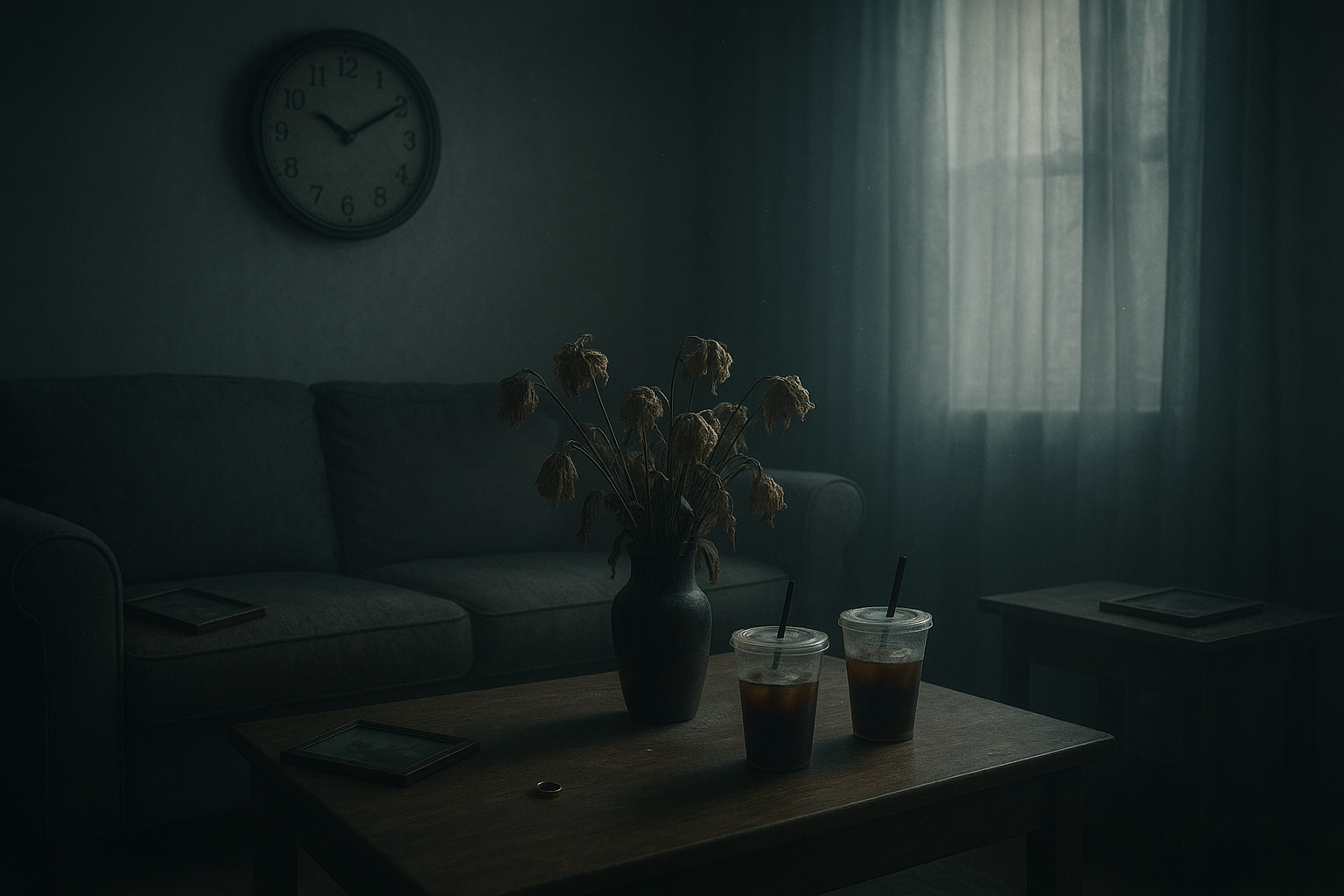 wilted flowers on a coffee table, two cold cups of coffee sitting untouched, family photographs that have fallen face-down on side tables, and a clock on the wall showing different times as if broken. The lighting is moody and atmospheric, with soft, muted tones of gray and blue filtering through heavy curtains, creating an emotional weight that hangs in the air like fog. Small details throughout the scene suggest neglect and growing distance: dust particles floating in shafts of pale light, a wedding ring sitting alone on an end table, and the physical space between the couple that feels insurmountable despite their proximity.