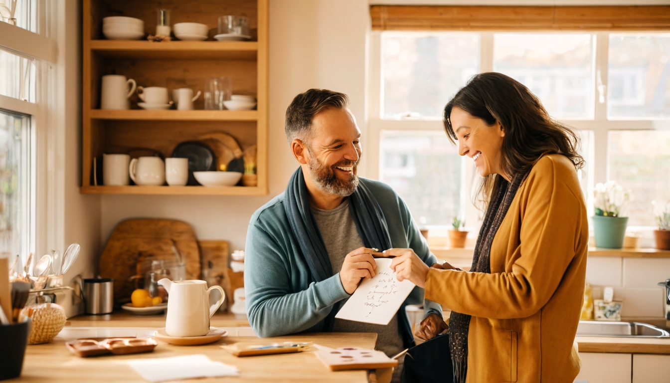 A warm, intimate scene showing a married couple reconnecting through small gestures of love and care. In the foreground, a woman discovers a handwritten love note left by her partner on a kitchen counter next to her morning coffee, her face lighting up with genuine surprise and joy. In the soft-focused background, the same couple is embraced in a spontaneous, tender hug in their living room, surrounded by the comfortable details of their shared home - family photos on shelves, a cozy throw blanket on the sofa, and warm golden hour lighting streaming through windows. The scene transitions to show them engaged in a new shared hobby, perhaps painting together at an easel or learning to cook side by side, their body language showing focused attention on each other rather than distractions. The overall atmosphere conveys emotional intimacy and deliberate connection, with soft, warm lighting that suggests the nurturing environment of a relationship being actively tended to, emphasizing the beauty found in everyday moments of care and attention between long-term partners.
