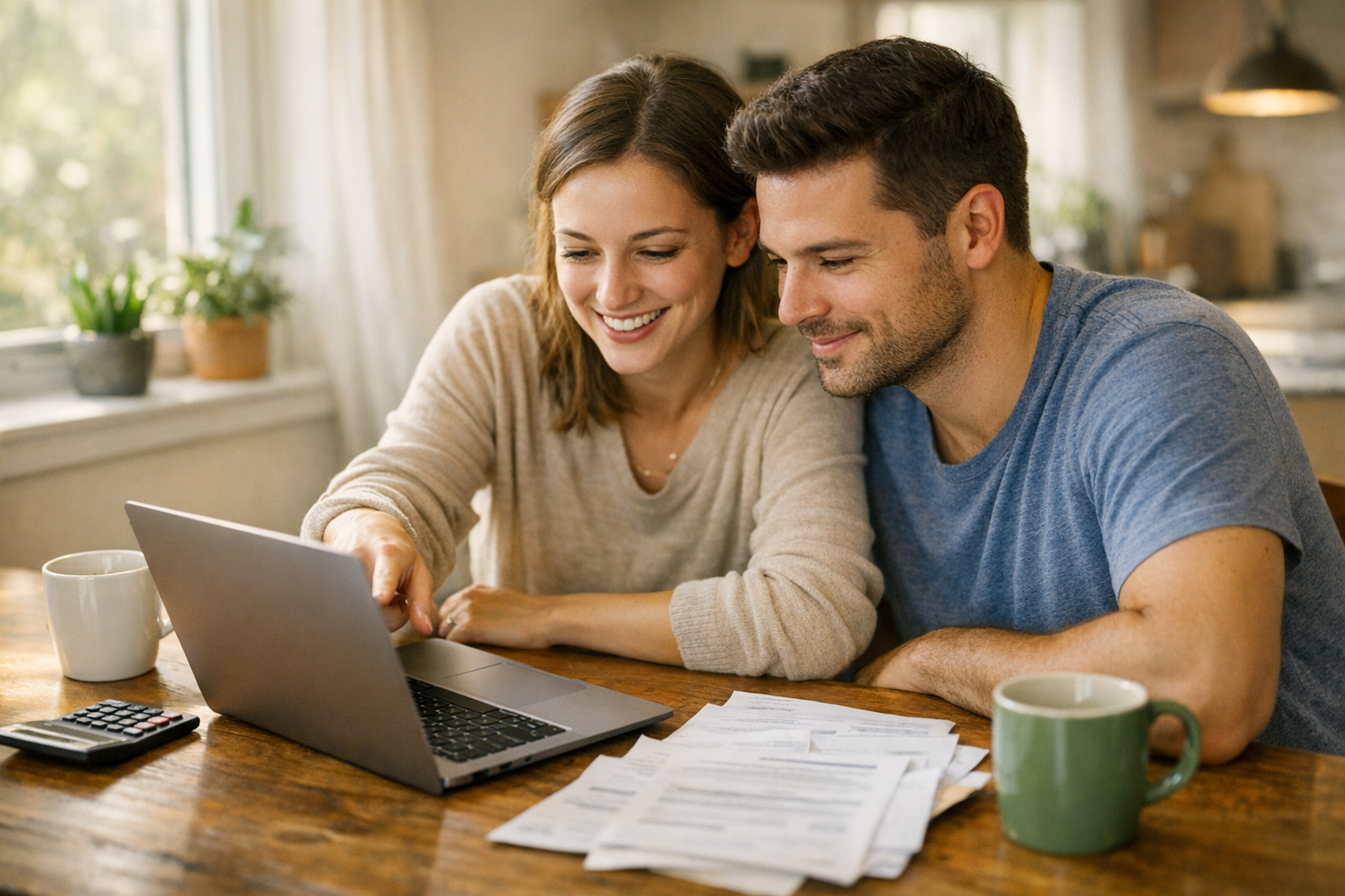 A warm, candid shot of a young couple sitting together at their kitchen table bathed in soft morning sunlight streaming through nearby windows, both leaning over a laptop with genuine smiles and engaged expressions, scattered papers and a calculator visible on the wooden table surface, two coffee mugs placed casually nearby, the woman pointing at the laptop screen while the man nods thoughtfully, both dressed in comfortable casual weekend clothing, the background showing a cozy modern home interior with plants on the windowsill and warm neutral tones throughout, shot from a slightly elevated angle capturing their collaborative body language and the intimate domestic setting, natural window light creating a gentle glow on their faces, authentic documentary-style photography with shallow depth of field focusing on the couple while softly blurring the background elements