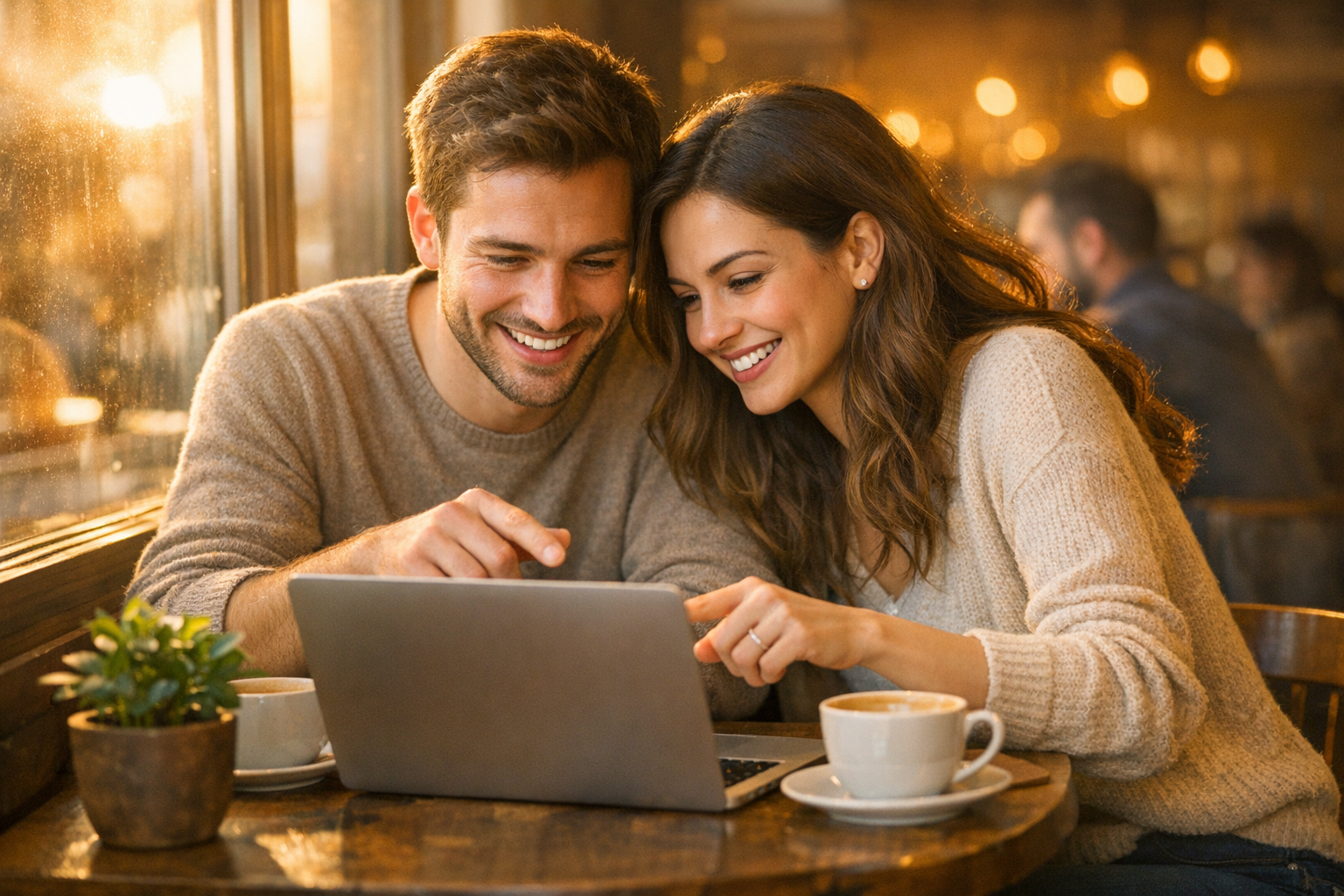 A warm and intimate photograph of a young couple sitting together at a cozy cafe table by a sunlit window, both leaning in close while looking at an open laptop between them, surrounded by coffee cups and a small potted plant. The golden hour sunlight streams through the window creating a soft, romantic glow on their faces as they smile and gesture while having an engaged conversation. The scene captures an authentic moment of partnership and collaboration, with the couple dressed casually in comfortable sweaters, their body language showing connection and teamwork. The background is softly blurred showing other cafe patrons and warm interior lighting, creating that genuine social media aesthetic of a real date night where the couple is working together on something important while maintaining the romance and intimacy of quality time together.