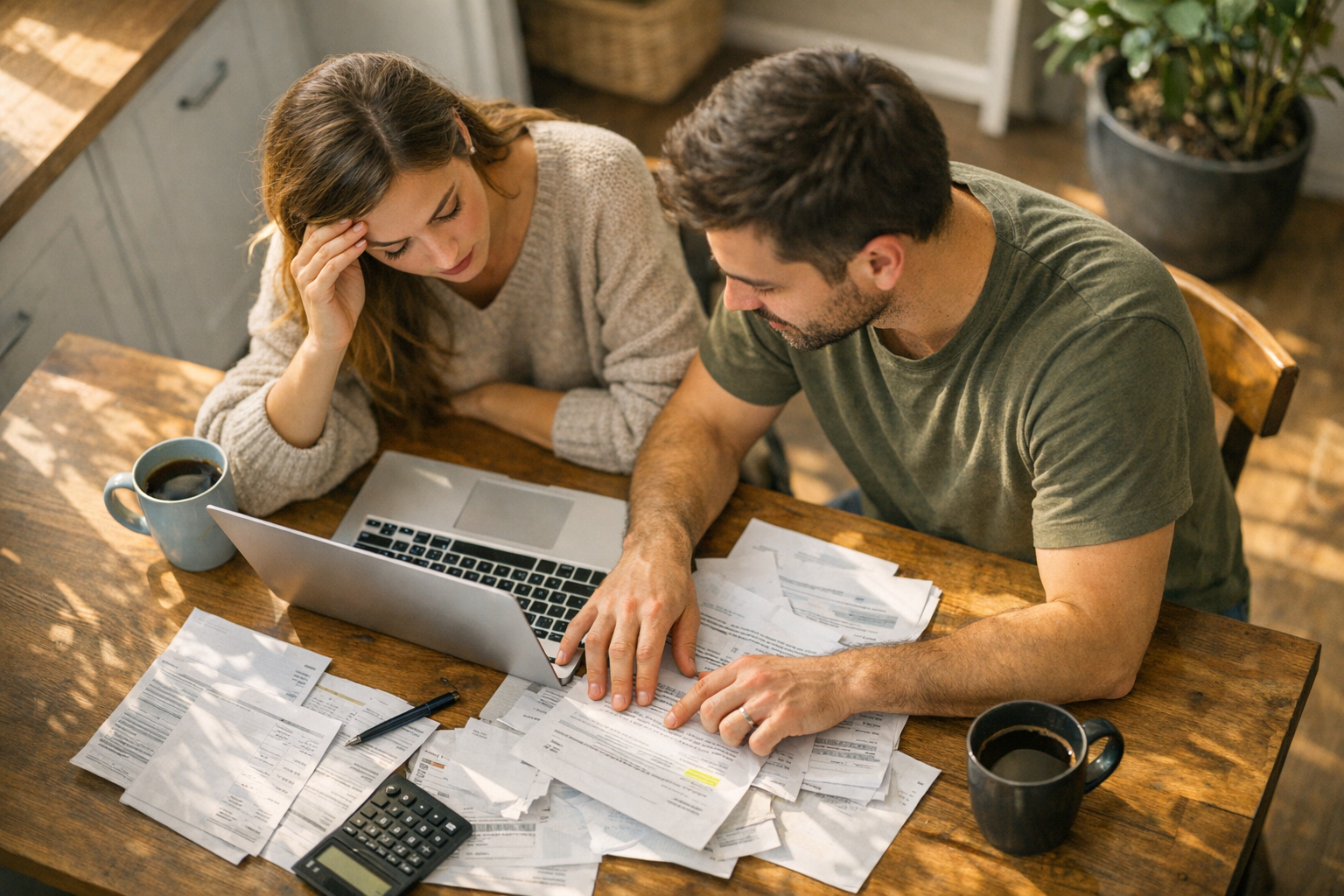 A candid overhead shot of a young couple sitting together at their modern kitchen table bathed in soft morning sunlight streaming through nearby windows, both looking down at scattered papers and documents spread across the wooden surface, a laptop open between them, their hands gesturing in conversation, coffee mugs nearby, houseplants visible in the background, the woman touching her temple in a concerned expression while the man has his hand on papers, warm natural lighting creating an authentic documentary-style moment of a real couple having a serious but caring discussion about household finances, shot from above at a forty-five degree angle with shallow depth of field, the scene conveying both stress and partnership through body language and proximity, neutral tones and cozy domestic atmosphere typical of lifestyle photography on social media