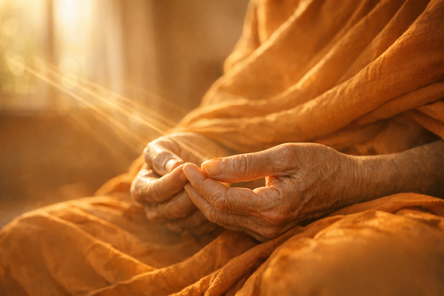 A serene close-up of weathered hands resting peacefully in a meditation mudra position, fingers gently touching in a traditional Buddhist gesture, with soft morning sunlight streaming through a window creating warm golden rays across the palms, the background showing blurred warm amber and cream tones of a simple meditation space, shallow depth of field focusing on the centered, calm hands against flowing saffron-colored fabric draped naturally, captured in that authentic candid Instagram style with natural window light creating a peaceful, contemplative atmosphere