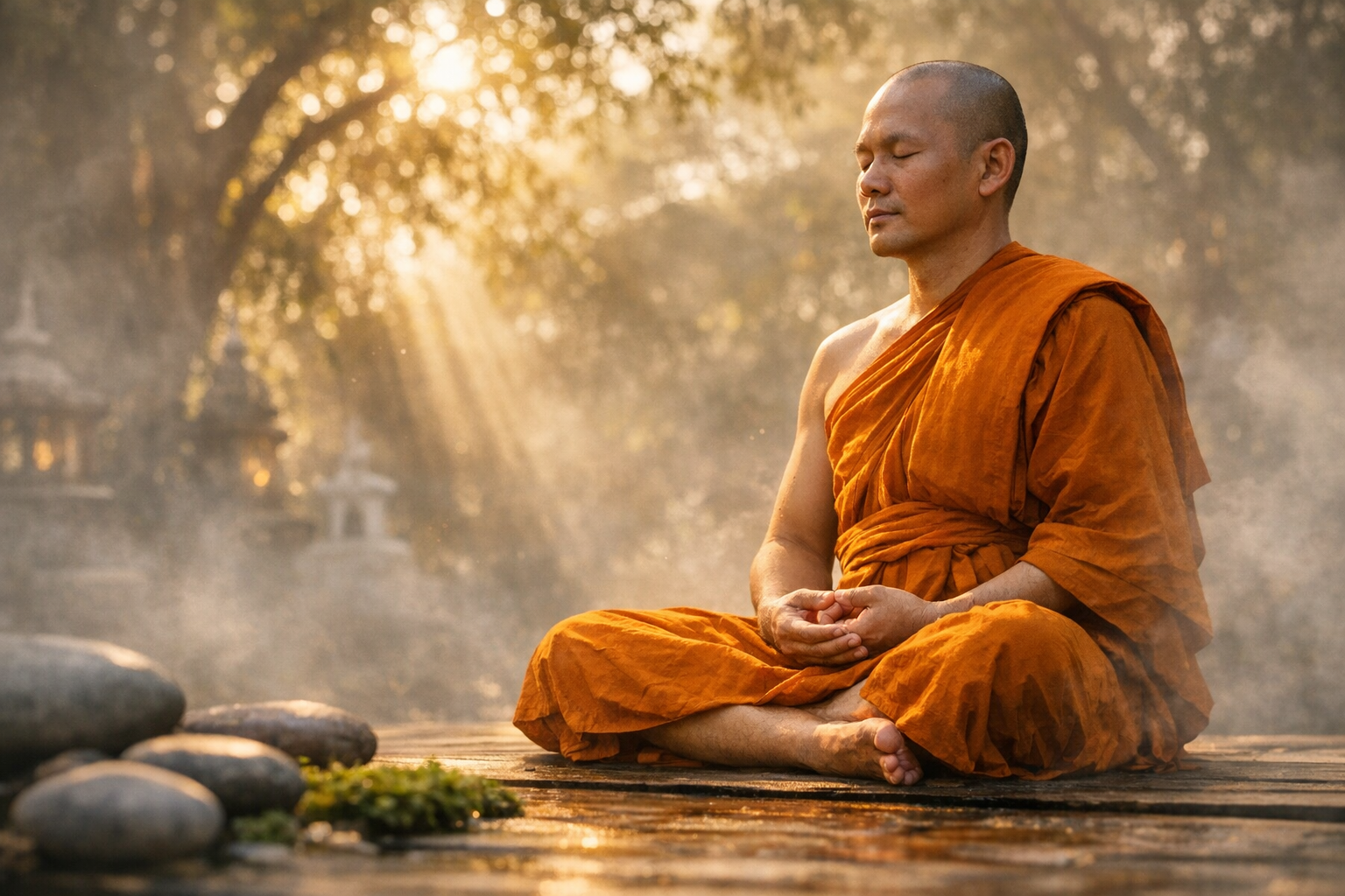 A serene close-up shot of a Buddhist monk in traditional orange robes sitting in lotus position on a weathered wooden meditation platform, surrounded by morning mist in a tranquil temple garden. Soft golden hour sunlight filters through ancient trees in the background, creating a dreamy bokeh effect. The monk's hands rest gently in a mudra position on their lap, with their eyes peacefully closed in deep meditation. Delicate rays of light pierce through the fog, illuminating particles of dust and moisture in the air. In the foreground, slightly out of focus, are smooth river stones and small patches of green moss on the wooden deck. The composition captures the monk from a side angle at their eye level, emphasizing the peaceful atmosphere and meditative stillness. The natural lighting creates soft shadows and a warm, contemplative mood perfect for an authentic Instagram wellness post.