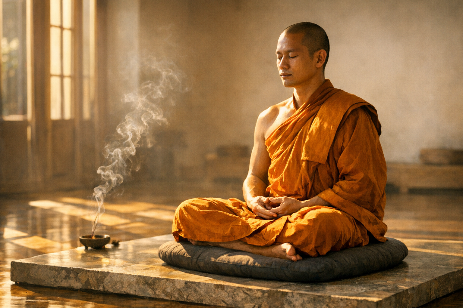 A serene monk in traditional saffron robes sits in perfect lotus position on a smooth stone platform in a minimalist meditation hall, golden hour sunlight streaming through tall windows creating geometric patterns on the polished wooden floor, wisps of incense smoke curling upward in the still air, the practitioner's hands rest gently in their lap in a classical mudra position, soft shadows cast across their peaceful profile, a simple meditation cushion beneath them, the atmosphere capturing the essence of deep concentration and mindful preparation, shallow depth of field with the background softly blurred showing bare walls and natural wood elements, shot with the authentic aesthetic of contemplative lifestyle photography