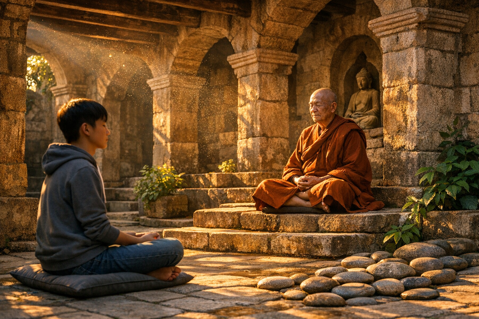 A serene monastery courtyard at golden hour, where an elderly monk in traditional rust-colored robes sits cross-legged on weathered stone steps in deep meditation, surrounded by ancient stone archways and columns casting long dramatic shadows. In the foreground, a young person in contemporary casual clothing mirrors the meditation pose on a simple cushion, creating a powerful visual bridge between ancient and modern practices. Soft natural sunlight filters through aged wooden beams overhead, illuminating floating dust particles in the air. The scene includes lush green plants growing between ancient stonework, a small Buddha statue nestled in a wall niche, and smooth river rocks arranged in a peaceful pattern on the ground. The composition captures both figures in profile, emphasizing the timeless nature of contemplative practice, with warm amber light creating an atmosphere of tranquility and connection across generations.
