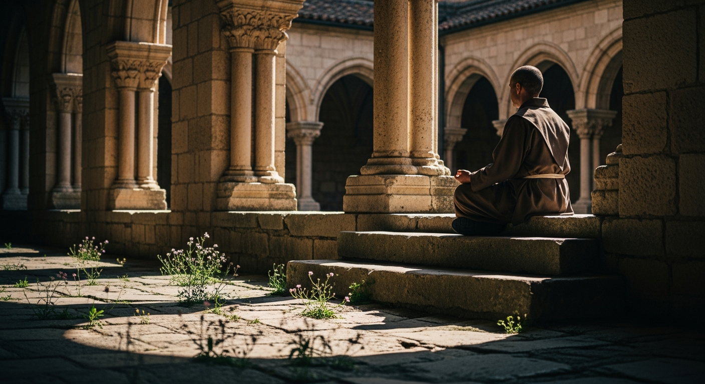 A serene monastery courtyard bathed in soft morning light, where a solitary figure in simple earth-toned robes sits cross-legged on an ancient stone platform in deep meditation, surrounded by weathered stone archways and columns covered in climbing ivy. The scene captures golden hour sunlight filtering through the arches, casting long shadows across smooth worn flagstones. In the background, a tranquil zen garden with carefully raked gravel patterns and smooth river stones creates concentric circles around the meditator. Aged wooden prayer beads rest beside them on the stone surface. The composition shows the peaceful intersection of centuries-old architecture and timeless contemplative practice, with soft bokeh from overhanging tree branches framing the upper portion of the image, creating an authentic documentary-style photograph that could be captured on a smartphone during a monastery visit.