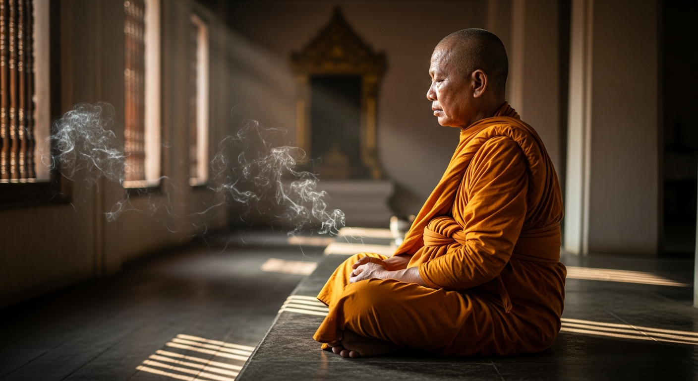 A serene close-up shot of a Buddhist monk in traditional saffron robes sitting in perfect lotus position on a smooth stone platform, their weathered hands resting gently on their knees in meditation mudra, soft morning light filtering through ancient temple windows creating a warm golden glow across their peaceful face, shallow depth of field blurring the minimalist temple interior behind them, natural shadows dancing on aged wooden floors, wisps of incense smoke rising ethereally in the still air, captured with the authentic candid quality of documentary photography, muted earth tones and warm amber hues dominating the color palette, shot from a respectful mid-distance angle that emphasizes the tranquil atmosphere and timeless spiritual practice